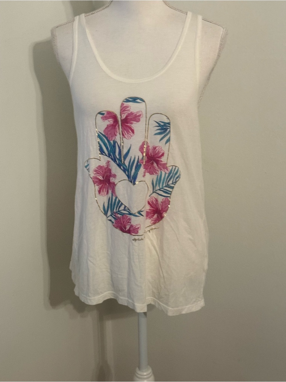 Spiritual Gangster White Tank with Pink Floral & Blue Leaf Hamsa